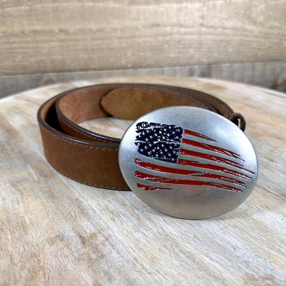 Justin Top Grain Leather Belt (Broken Post American Flag Buckle) Size 38 - Picture 3 of 9